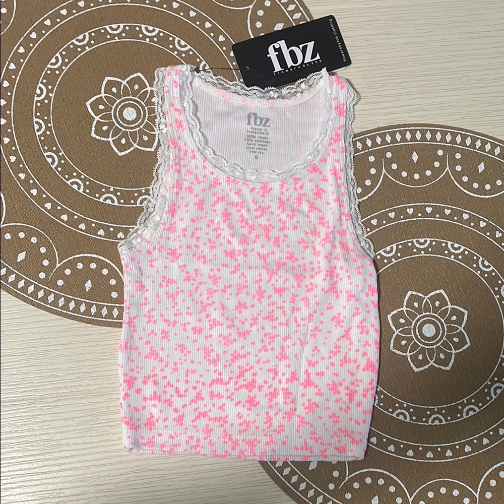 Flowers by Zoe White Tank Top with Pink Speckle & Lace Trim